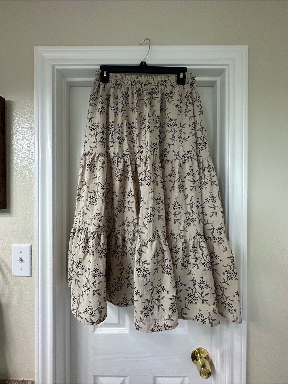 Hayden Cream Tiered Midi Skirt with Black Floral Print